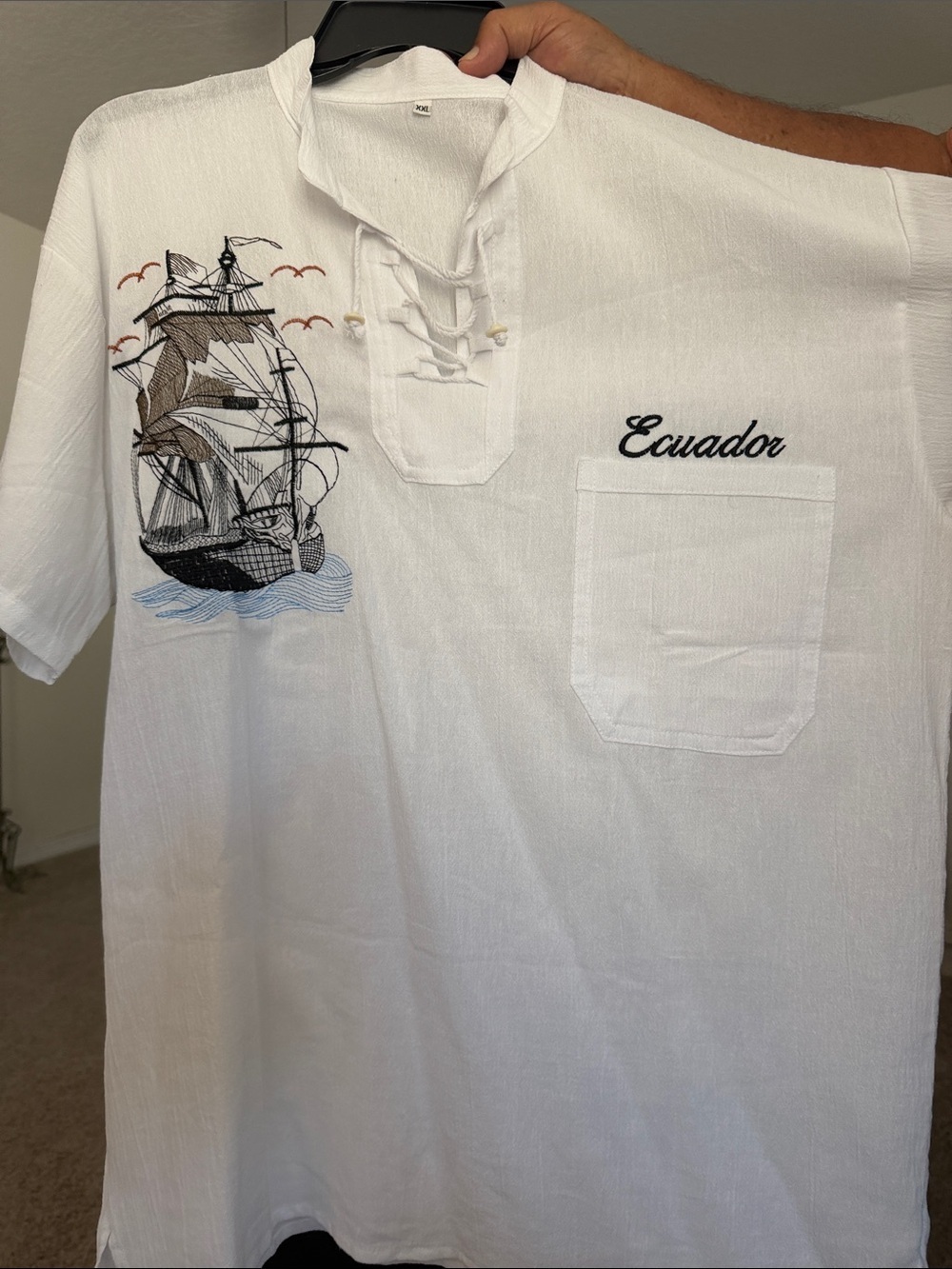 NEWEcuador Embroidered White Men’s Sailboat Lace-Up Shirt XLL NO